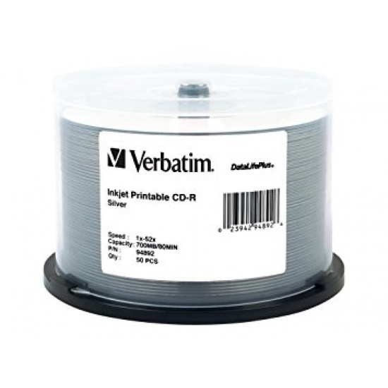 Verbatim CD-R 700MB 52X DatalifePlus Silver Inkjet Printable 50-Pack Spindle Image