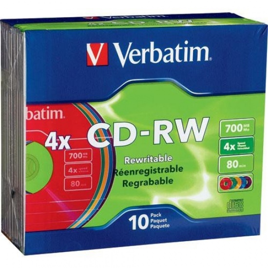 Verbatim CD-RW 700MB 4X 10-Pack Slim Case Assorted Colors Image