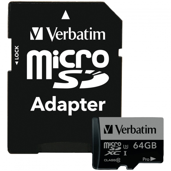 64GB Verbatim Pro microSDXC UHS-3 CL10 Memory Card with SD Adapter Image