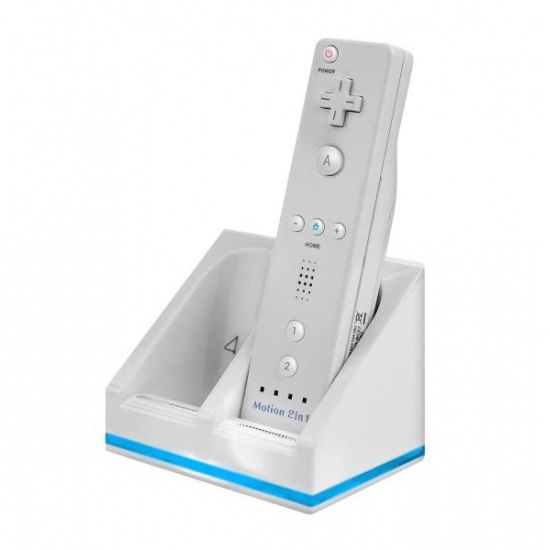 White Nintendo Wii Double Charger Station with 2x rechargeable battery packs and blue light Image