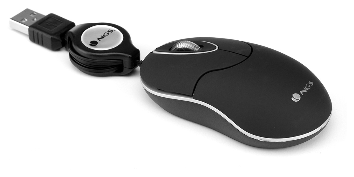 NGS Sin - Optical Mouse with Retractable USB Cable and Scroll-wheel, 1000 DPI - Black