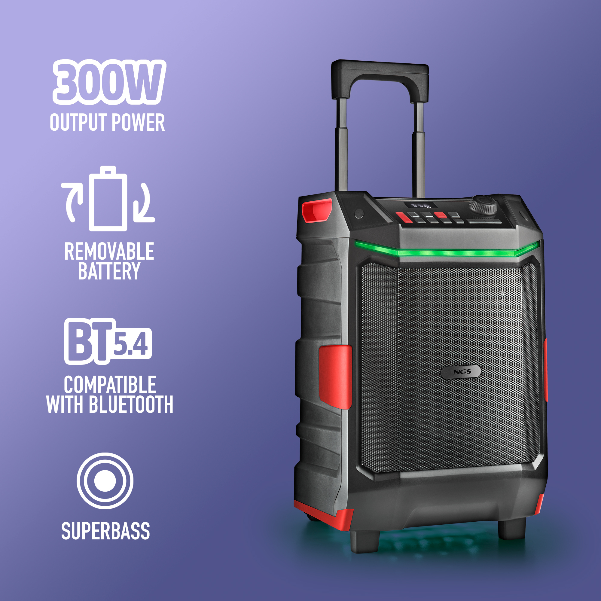 NGS Wild Bash, 300W Portable Wireless and Waterproof BT Speaker with Removable Battery