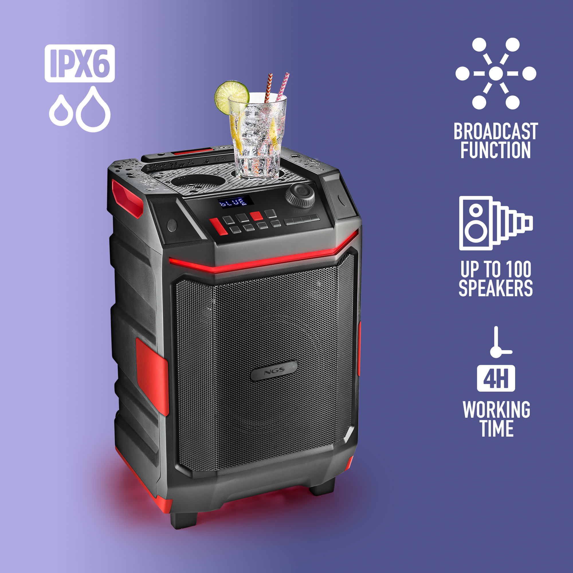 NGS Wild Bash, 300W Portable Wireless and Waterproof BT Speaker with Removable Battery