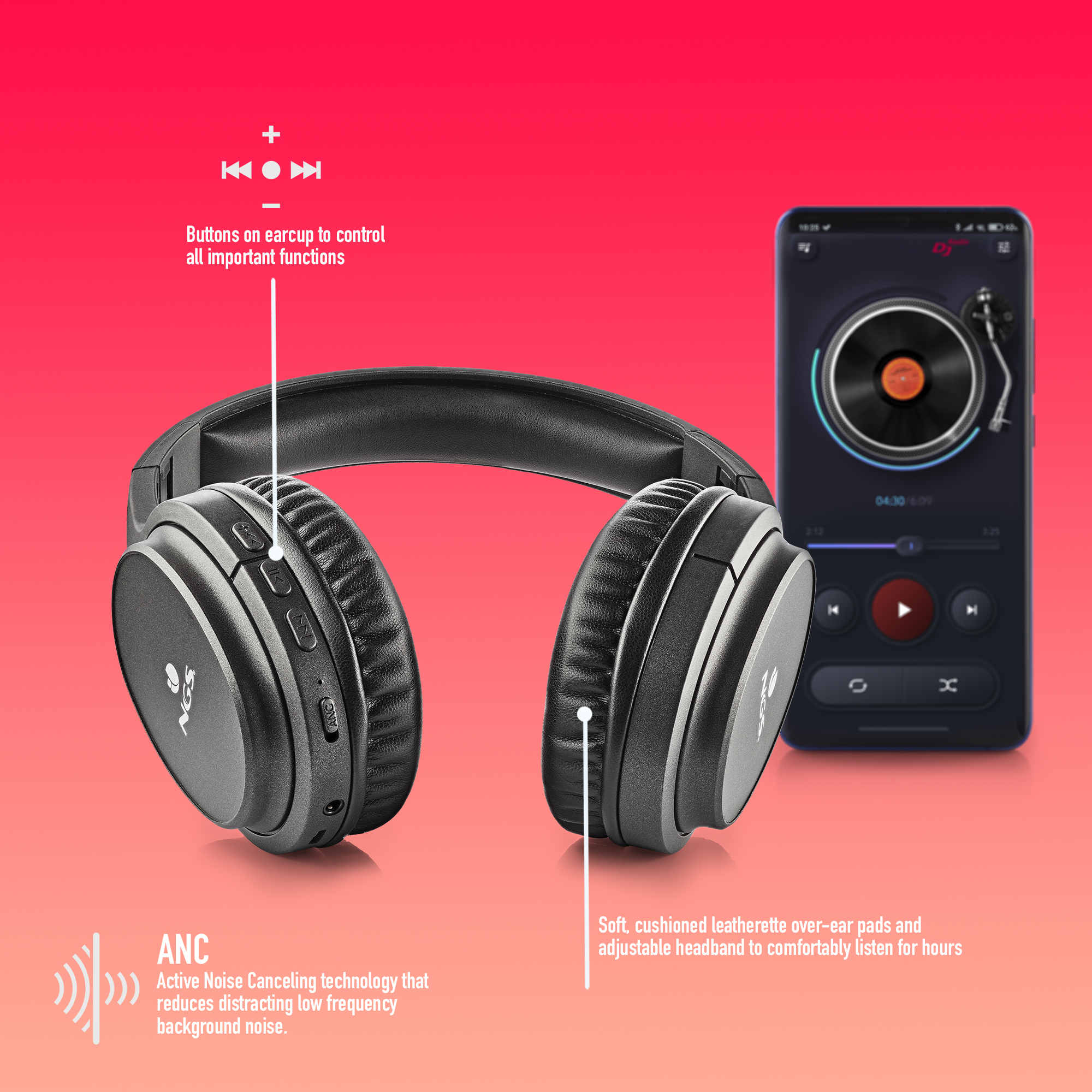 NGS Active Noise Cancelling Wireless BT Headphones - Artica Taboo