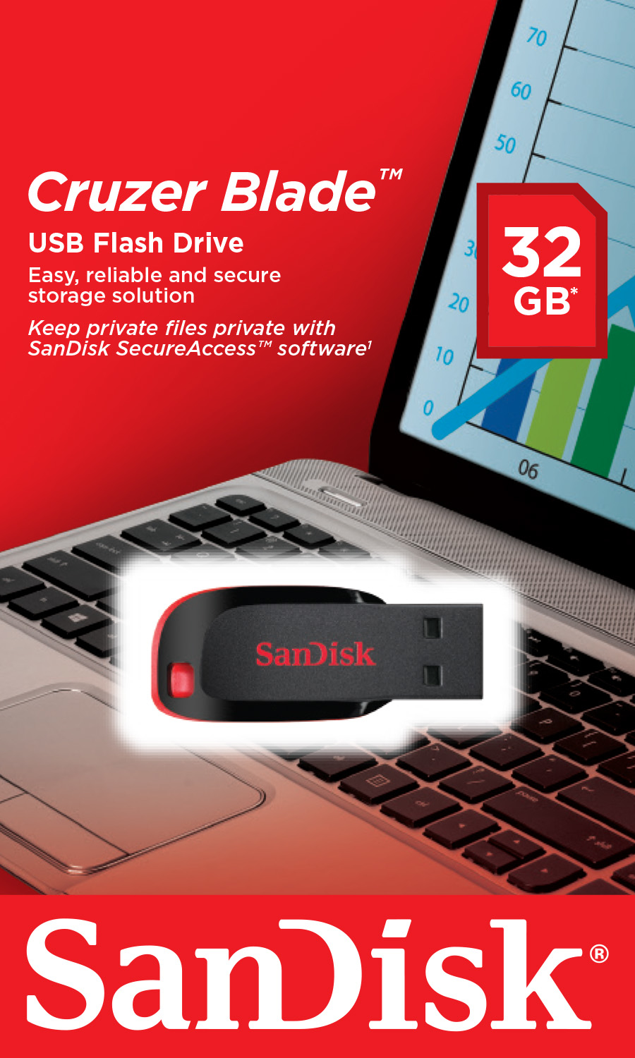 32GB SanDisk Cruzer Blade USB2.0 Flash Drive - Black, Red