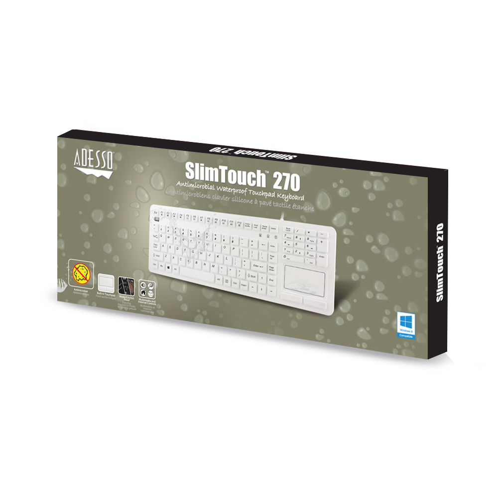 Adesso Antimicrobial USB QWERTY Waterproof Touchpad Keyboard - White