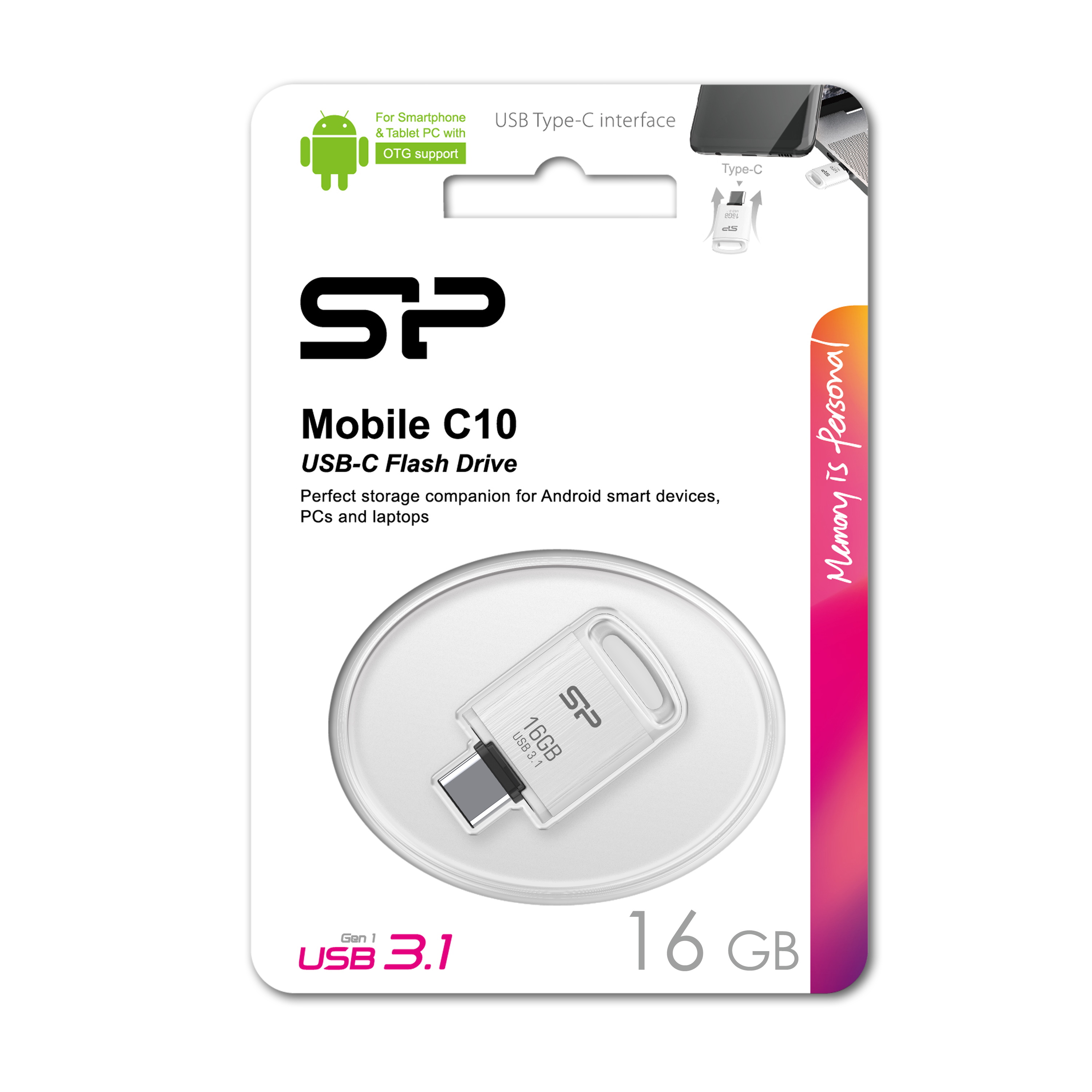 16GB Silicon Power Mobile C10 Android USB3.1 Type-C Flash Drive White