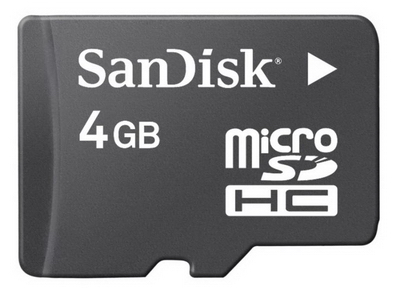 4GB Sandisk microSDHC memory card w/SD adapter