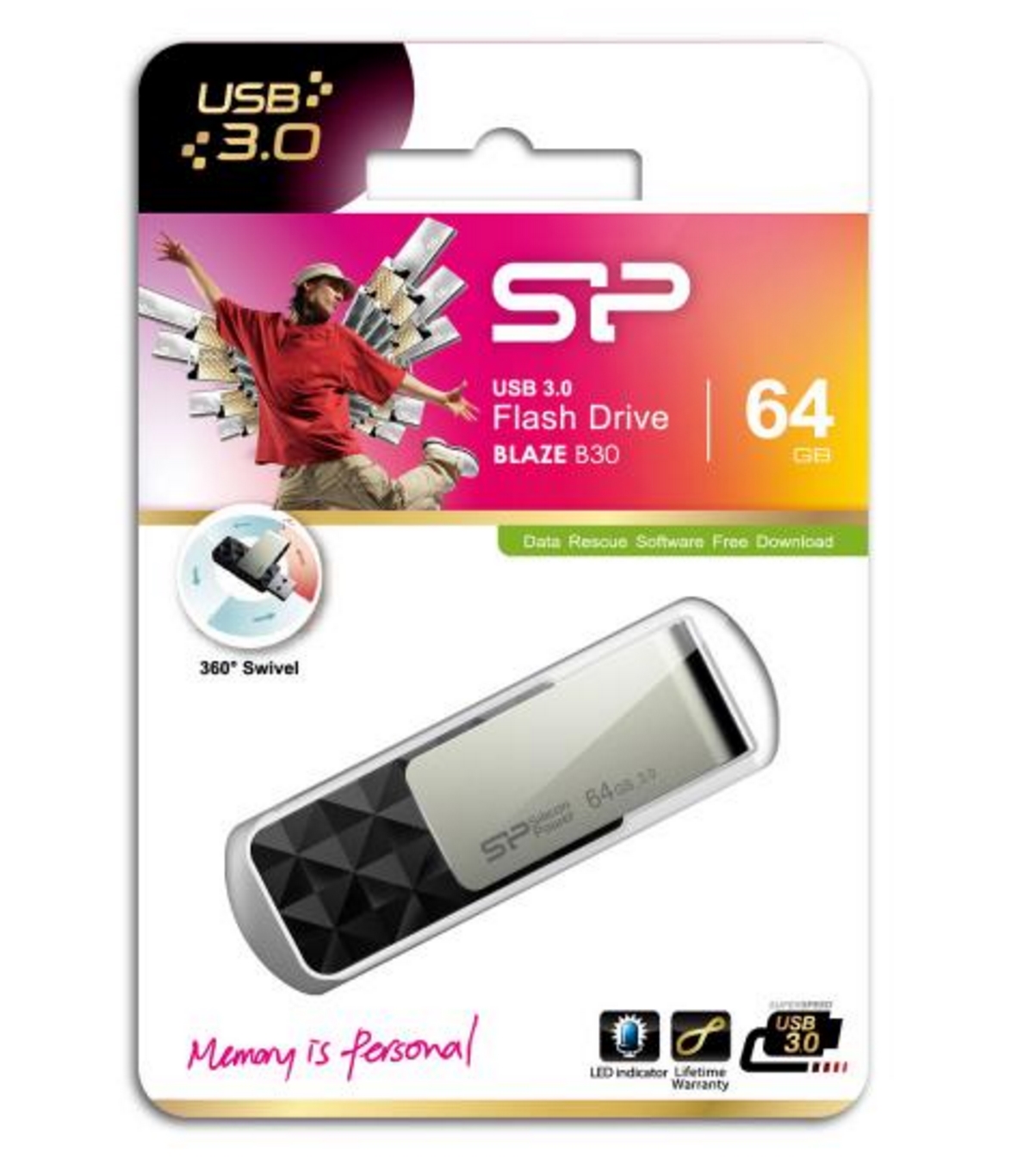 64GB Silicon Power B30 Blaze USB3.0 Flash Drive Swivel Style Black