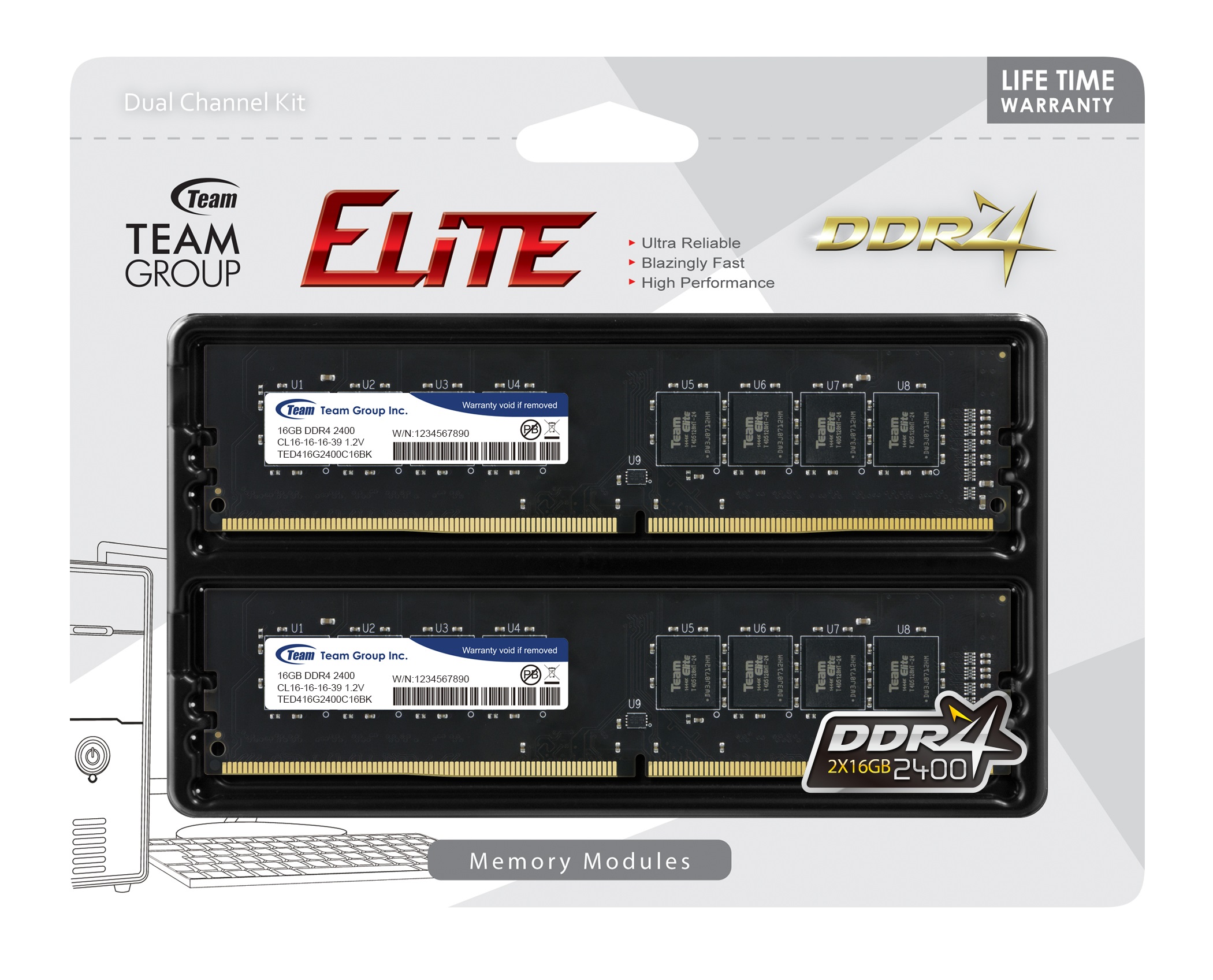 32GB Team Elite DDR4 2400MHz PC4-19200 CL16 Dual Channel Memory Kit (2x ...