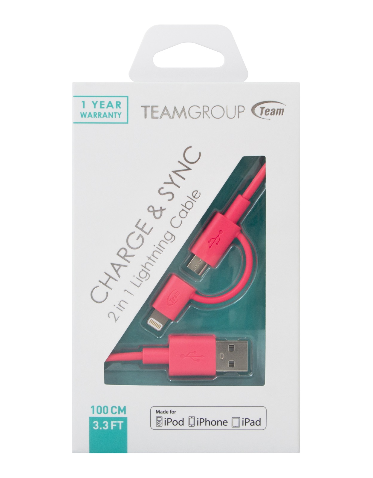 Team 2-in-1 Lightning And Micro USB Charging and Sync Cable Pink 100cm (WC02)