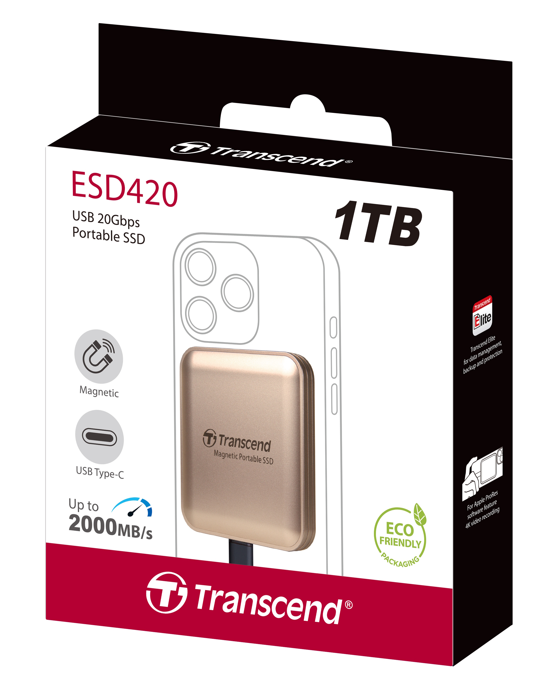 1TB Transcend ESD420 Portable Magnetic SSD USB 20Gbps Type-C Magsafe (Champagne Gold)