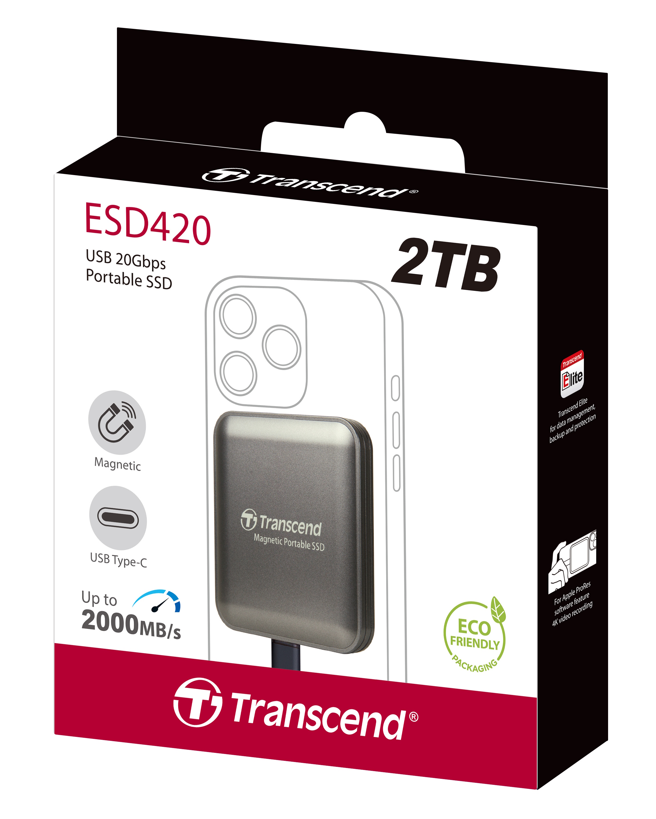 2TB Transcend ESD420 Portable Magnetic SSD USB 20Gbps Type-C Magsafe (Iron Grey)
