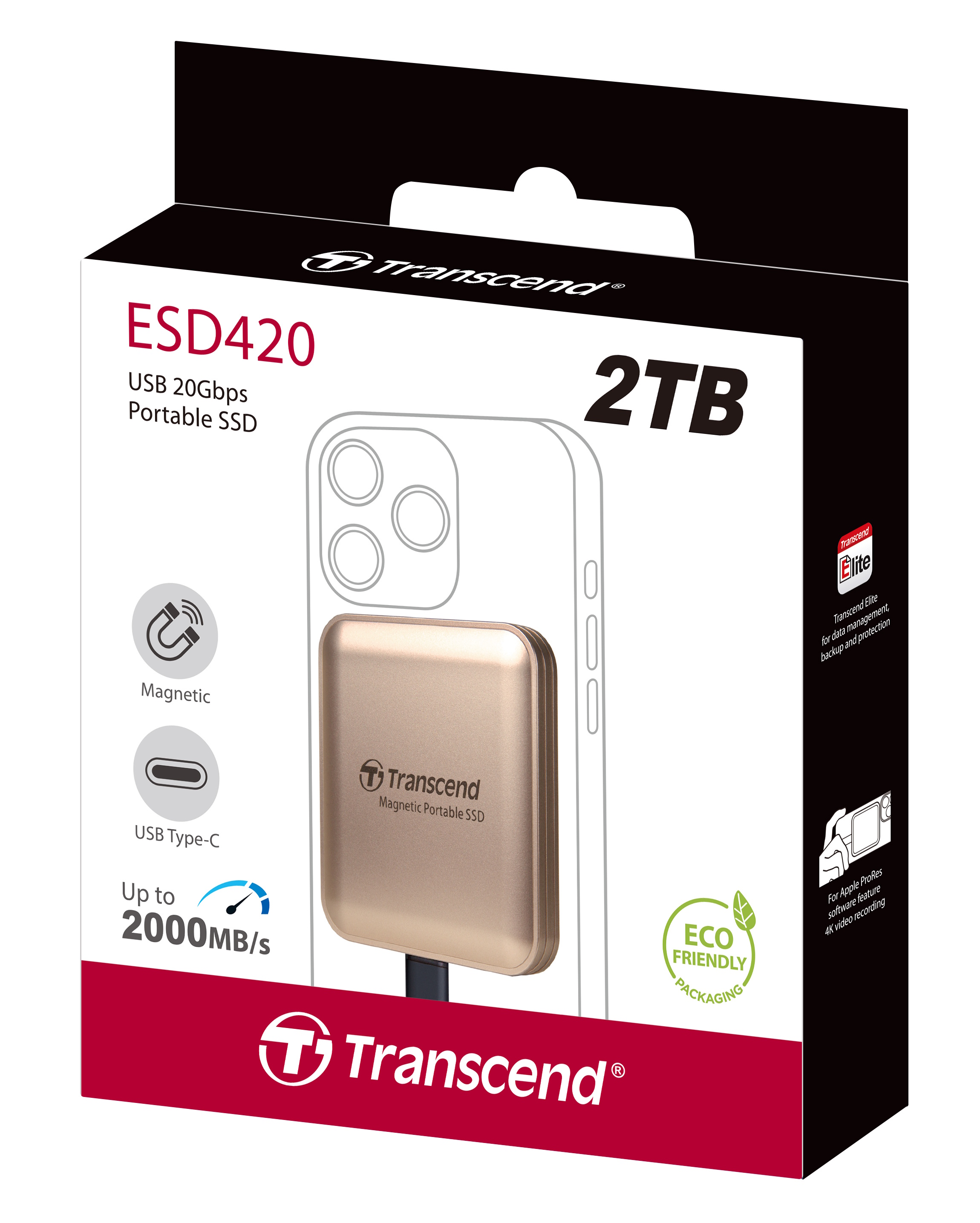 2TB Transcend ESD420 Portable Magnetic SSD USB 20Gbps Type-C Magsafe (Champagne Gold)