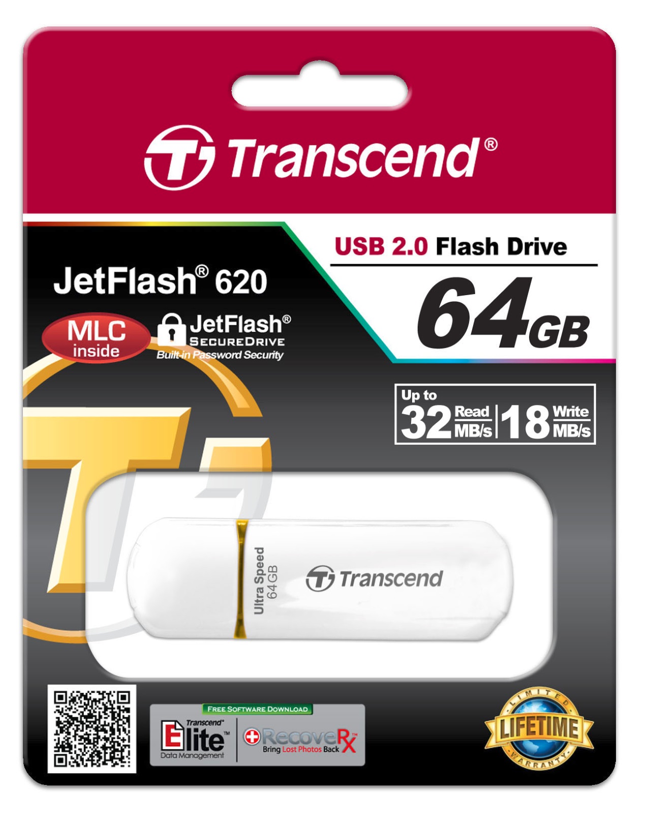 64GB Transcend JetFlash 620 Secure USB2.0 Flash Drive with JetFlash ...